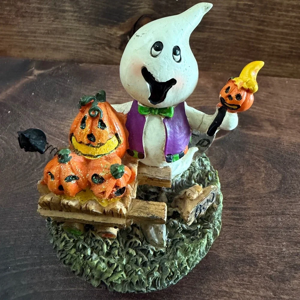 Halloween Ghost Figurine with Pumpkins and Bat Resin Decor Adorable Multi Color